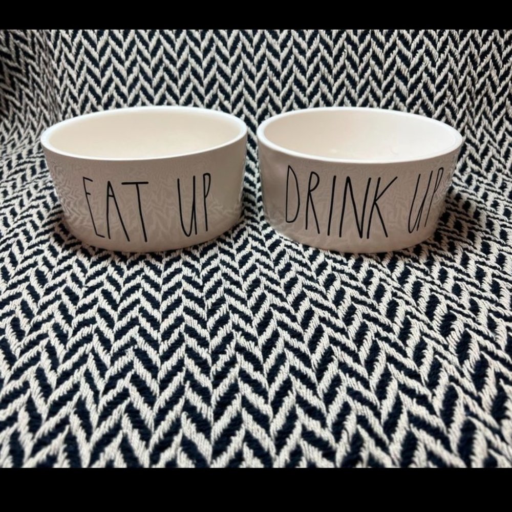 NWOT Rae Dunn Ceramic Pet Food Bowls Eat Up and Drink Up Large Size Set of 2